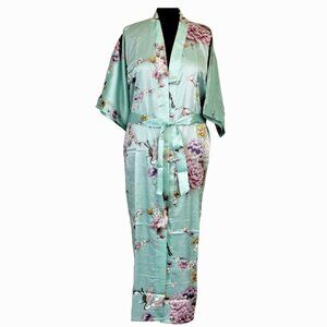 Women's Satin Kimono Robe Long Stork & Blossoms Blue One Size